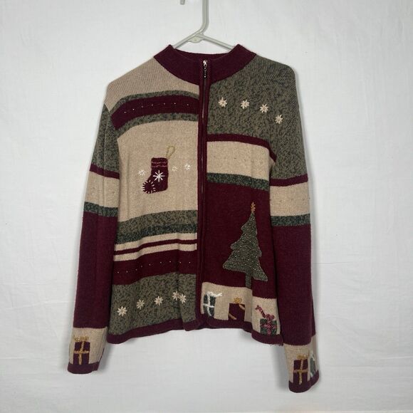 Christopher & Banks XL Christmas Sweater Hand Embroidered Tree Stockings Gifts - Picture 1 of 10